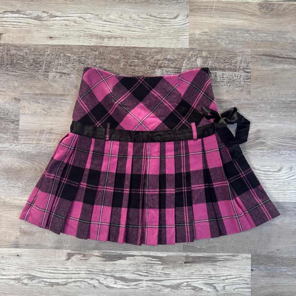 Vintage 90s Sara Jane Y2K Pink Plaid Pleated Wool Mini Skirt S Goth Emo Pop Punk